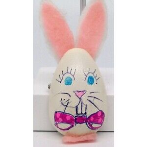 Easter Bunny Rabbit Brooch Pin Wooden Handmade Vintage Bow Tie Adorable!